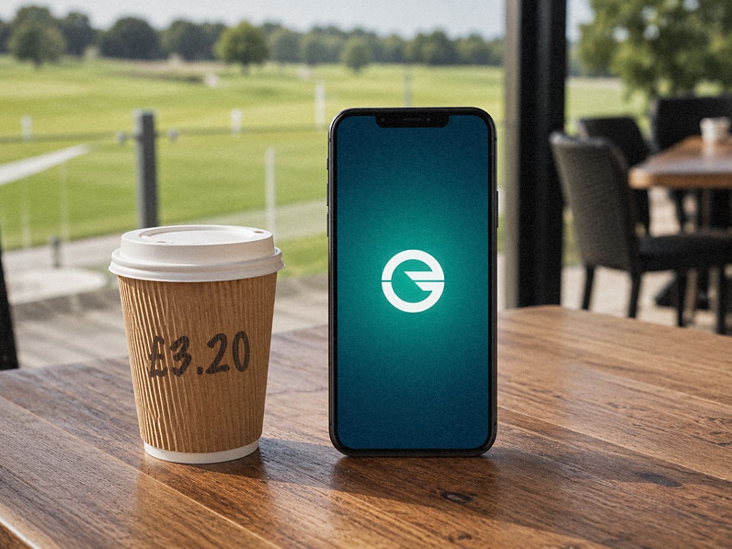 A takeaway coffee beside a phone showing the Elevate Golf logo